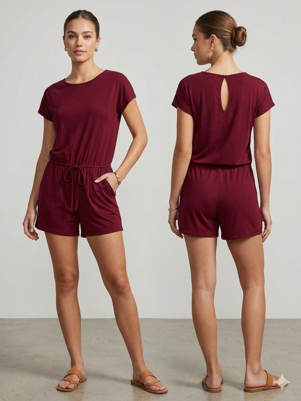 Source Unknown Short-Sleeve Burgundy Romper with Drawstring